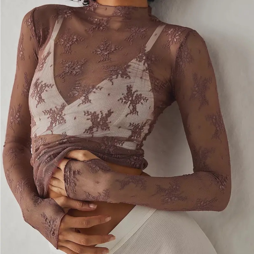 Sheer Lace Overlay Long Sleeve Top in Mauve